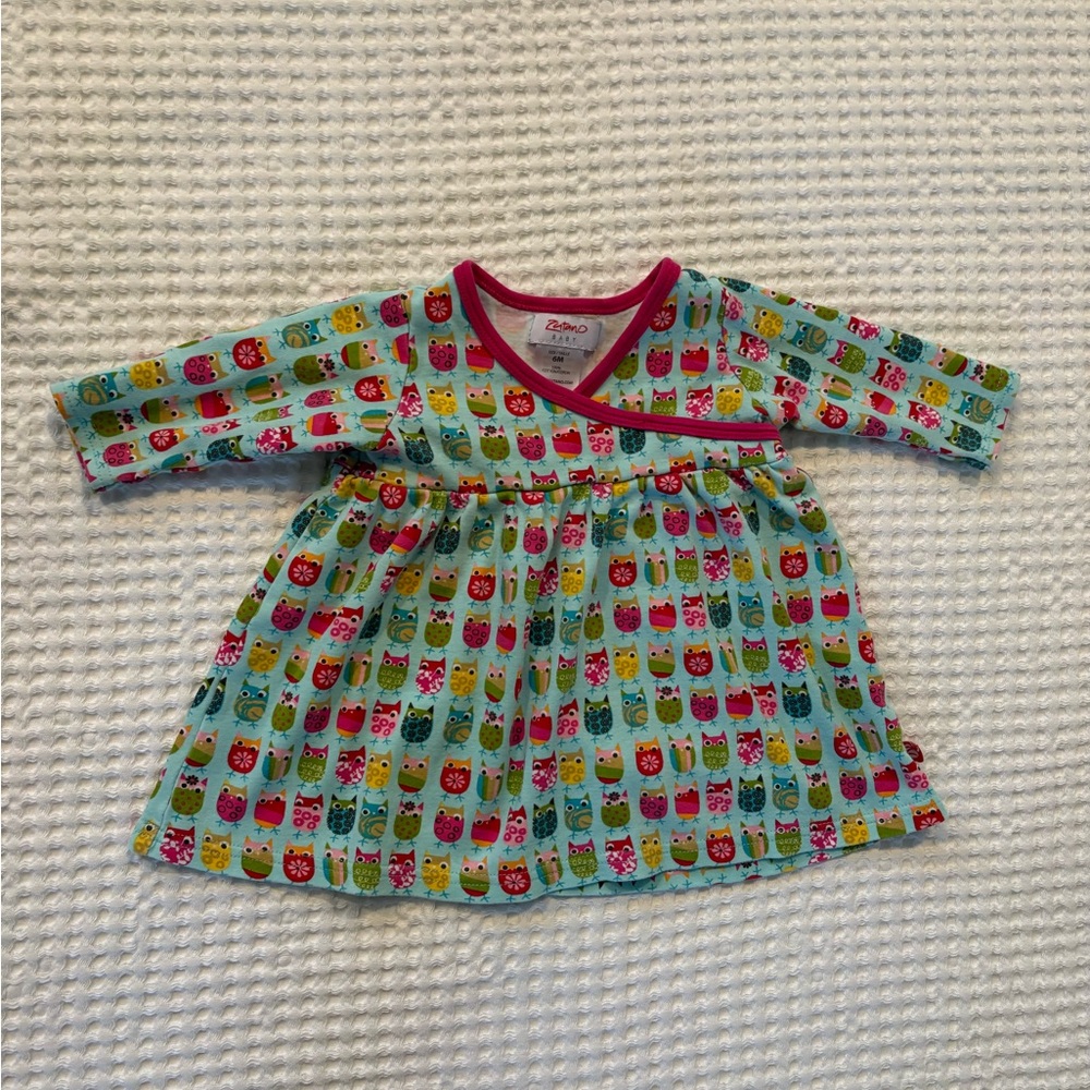 Zutano Owl Print Baby Dress Colorful Wrap Style Long Sleeve Cotton 6M